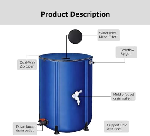 Portable Collapsible Rain Barrel, 13-264 Gal Water Storage Tank Catcher Container with Filter Spigot to Collect Rainwater from Gutter, Rainwater Collection System(Blue,0.6x0.7m/200L/52.8gal) - Image 5