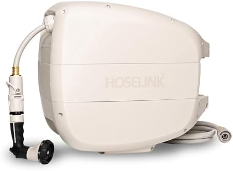 HOSELINK Evolve 90ft Hi-Flow Beige Retractable Garden Hose Reel, NEW Heavy Duty, Automatic Rewind, Lock Anywhere, 180 Degree Swivel, Wall Mounted Watering Solution for yard and outdoors (90ft Hi-Flow) by HoselinkUSA