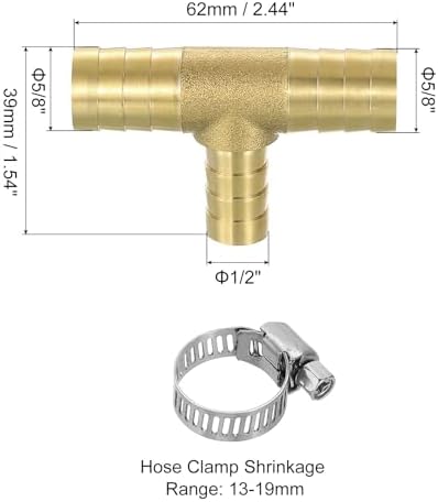 uxcell 10pcs Brass Tee Barb Fittings, 3-Ways Tee 5/8" x 1/2" x 5/8" Barbed Hose Reducer, Tee Brass Barb Fitting Reducer with 30pcs Hose Clamps for Water Fuel Air - Image 2