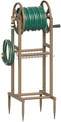 Freestanding Garden Hose Reel holds 125ft Hose of 5/8" with 4 Hooks, 4-Spike Outdoor Hose Holder with 3.9ft Leader Hose & Brass Fitting, Detachable Metal Hose Stand with Storage Rack, Brown by Mokeyder