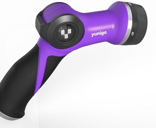 SPRAY NOZZLE, 4-Pattern Water Hose Nozzle with Thumb Flow Control, Ergonomic Grip & Metal Connector, Fits Standard Garden Hoses by Yunigo
