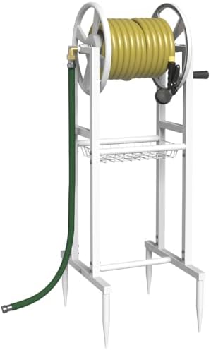 Garbuildman Ground Mount Garden Hose Reel Holds 125 Feet of 5/8-Inch with 3.9 ft Leader Hose, Brass Fitting, Water Hose Holder Stand with Storage Rack & 4 Spikes Base for Outdoor Lawn, White by Garbuildman