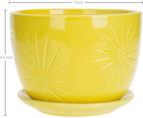 MyGift 7 Inch Yellow Ceramic Planter Pot with Sunburst Design & Saucer - Image 5