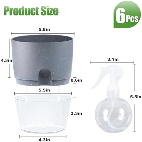 Oliz 6" Self Watering Pots for Indoor Plants, 6pk Grey w/Drainage Saucers - Image 2
