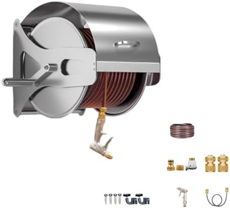 Stainless Steel Garden Hose Reel Wall Mount, Detachable Heavy Duty Metal Water Pipe Organizer Cart with 5-Way Spray Nozzle, Holds Up to 165 Feet 1/2-Inch Hose(30M/100FT) by Unknown