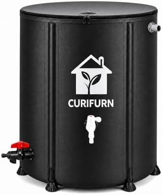 53 Gal Collapsible Rain Barrel with Spigot, Filter and Overflow Kit, Black by Curifurn