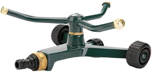 3-Arm Metal Sprinkler with Wheel Base, 360 Degrees Rotary Sprinkler for Yard, Copper Nozzle, Covers Up to 845 sq ft, Quick Connect Garden Irrigation System for Lawn, Garden, Outdoor Areas by Unknown
