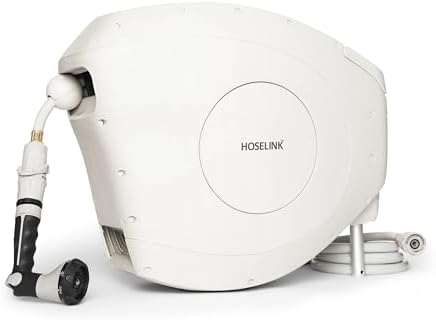 HOSELINK Classic Beige 50ft Hi-Flow Automatic Retractable Garden Hose Reel, 9/16”, 8-Pattern Spray Nozzle, UV-Stabilized Kink-Free Hose, Wall Mounted Watering Solution for Backyard, Garden & Outdoor by HoselinkUSA