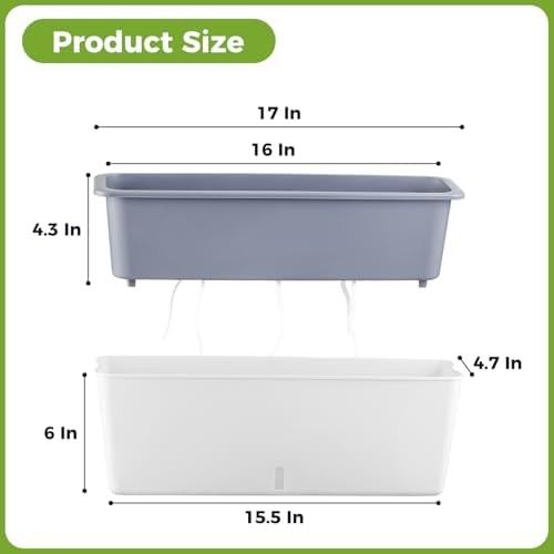 2 Pack Rectangular Planter 17 x 4.5 in Self Watering Planter Window Sill Planters Indoor Rectangle Planter Self Watering Pots Plastic Plant pots with Drainage Holes White Flower Pot Indoor - Image 3
