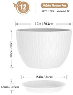 WSMKSZ 12 Inch Large Plant Pots for Indoor or Outdoor Plants, Wide Water Ripples Flower Pots with Drainage Holes & Saucer, Plastic Planters Set for Garden & Home Decor (White) - Image 2