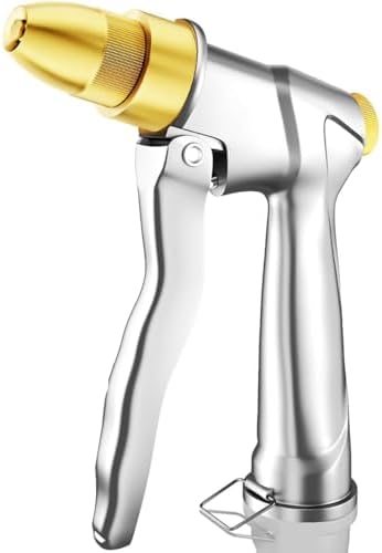 ESOW Heavy Duty Metal Garden Hose Nozzle, High Pressure Water Hose Nozzle with 4 Spray Patterns Rotating, Ideal for Outdoor Lawn & Garden Watering, Car & Pet Washing, Silver by ESOW