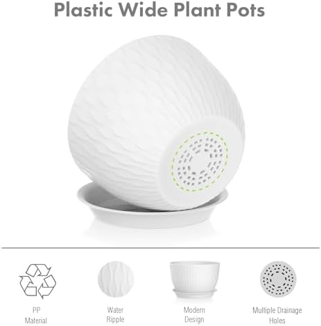 Meowell 12/10/9 inch Large Plant Pots, 3 Pack Wide Flower Pots for Outdoor Indoor Plants with Water Ripples, Big Plastic Planters with Drainage Holes and Saucers for Garden House Plants, White - Image 4