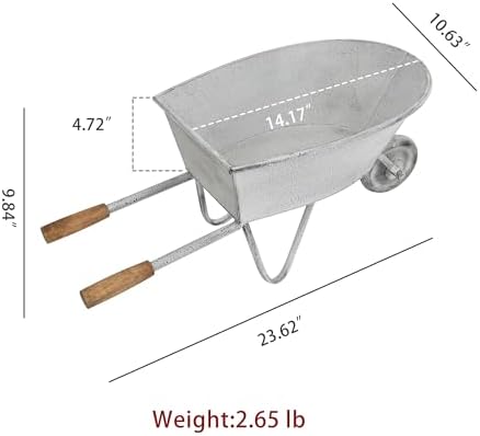 Rustic Large Metal Flower Pot Cart, Wheelbarrow Planter with Wooden Handles, Vintage Decorative Plant Holder for Indoor Outdoor Garden Patio Farmhouse, 23.62" L - Image 6