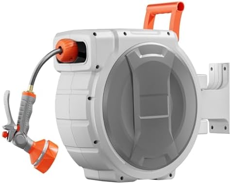 Garden Hose Reel Retractable, 65ft 1/2 Inch Wall Mounted Hose Reel w/ 9 Pattern Nozzle by Unknown