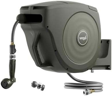 Vego Garden Hose Reel Retractable Hi-Flow Wall Mounted Hose Reel Automatic Rewind, Any Length Lock with 9 Patterns Sprayer Nozzle, Quick Connector and Adjustable shot Nozzle (Seaweed Green, 50ft) by VegoGarden