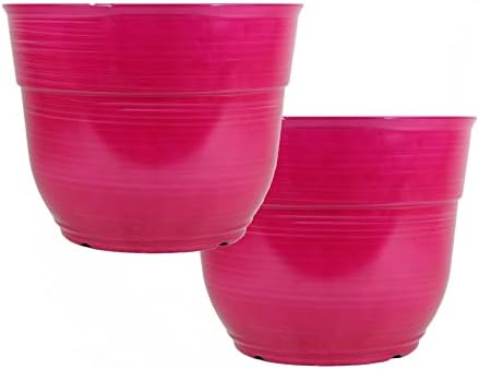 Garden Elements Indoor/Outdoor Glazed Brushed Happy Plastic Planter, Large, Bright Pink, 15" (Pack of 2) by GardenElements