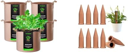 VIVOSUN 5-Pack 7 Gallons Grow Bags and 10Pcs Self-Watering Spikes, 7 Inch Hexagonal Terracotta Watering Stakes, Auto-Water Device, Planter Insert for Indoor & Outdoor Potted Plants by VIVOSUN
