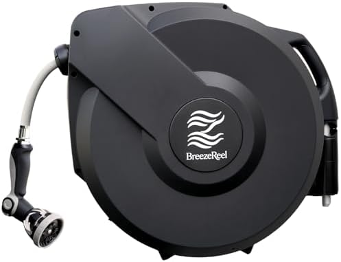 Retractable Garden Hose Reel, 5/8 in x 100ft, Heavy-Duty Aluminum Mount, Auto Rewind, Slow Retract, 180° Swivel, Any Length Lock, 10-Pattern Nozzle by BreezeReel
