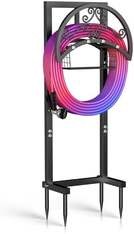 OLV Garden Hose Holder, Freestanding Water Hose Holder Stand with Storage Basket Holds 150-ft Pipe, Heavy Duty Outdoor Decorative Metal Hose Storage Hanger Rack for Outside Yard Lawn Farm by OLV