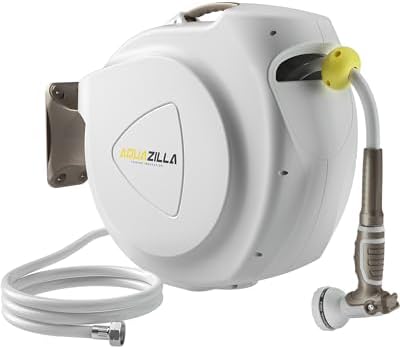 Retractable Garden Hose Reel, 1/2 in 120+6 ft, Heavy Duty Wall Mounted Water Hose Reel, Spring Power Automatic Rewind, Any Length Lock, 180° Swivel Bracket, 10 Pattern Spray Nozzle by AQUAZILLA