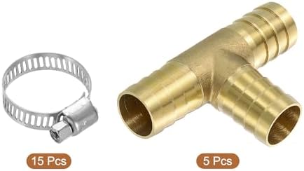 uxcell 5pcs Brass Tee Barb Fittings, 3-Ways Tee 3/4" x 3/4" x 3/4" Barbed Hose Reducer, Tee Brass Barb Fitting Reducer with 15pcs Hose Clamps for Water Fuel Air - Image 3
