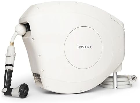 HOSELINK Classic Beige 82ft Hi-Flow Automatic Retractable Garden Hose Reel, 9/16”, 8-Pattern Spray Nozzle, UV-Stabilized Kink-Free Hose, Wall Mounted Watering Solution for Backyard, Garden & Outdoor by HoselinkUSA