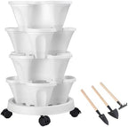 GameXcel Vertical Planter Tower - 4 Tier Stackable Garden Planters with Wheels and Tools Plant Pots for Strawberry Herb Flower and Vegetable Indoor Outdoor Use White by GameXcel