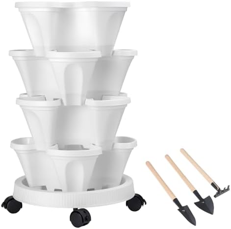 GameXcel Vertical Planter Tower - 4 Tier Stackable Garden Planters with Wheels and Tools Plant Pots for Strawberry Herb Flower and Vegetable Indoor Outdoor Use White by GameXcel