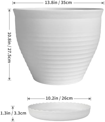 13.8 Inch Round Plastic Planters Urns, Set of 2, White Flower Pots - Image 2