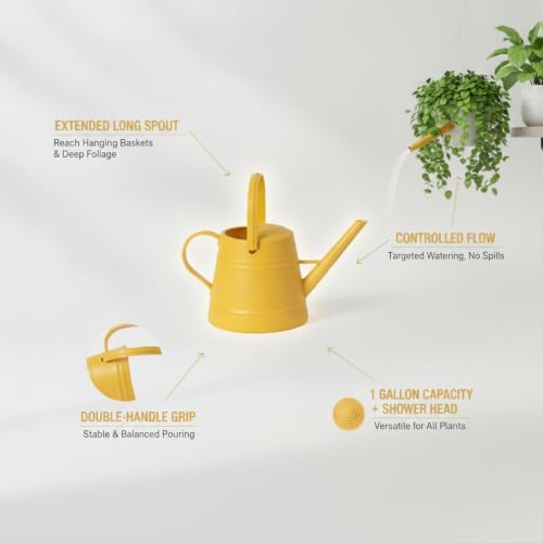 1 Gallon Plastic Watering Can with Long Spout & Dual Handles for Indoor Plants, Hanging Baskets - White, Yellow, Green, Gray - Image 5