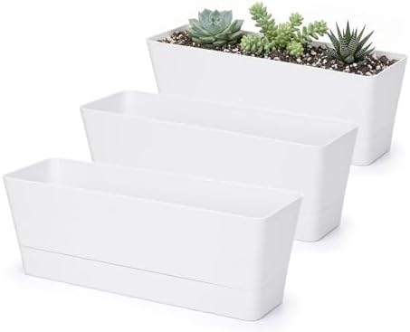 GREANER Flower Boxes, 3 Pack 12x3.8 Inch Rectangle Window Boxes, Herb Planters with Tray, Indoor Succulent Cactus Flowers Plastic Drawable Pot for Windowsill, Garden, Balcony, Office Outdoor (White) by GREANER