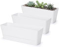 GREANER Flower Boxes, 3 Pack 12x3.8 Inch Rectangle Window Boxes, Herb Planters with Tray, Indoor Succulent Cactus Flowers Plastic Drawable Pot for Windowsill, Garden, Balcony, Office Outdoor (White) by GREANER