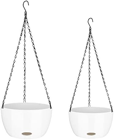 Sungmor Self Watering Hanging Planter for Indoor Plants, 9.4" & 11.2" 2-PACK Large White Plastic Hanging Basket, Garden Flower Pots with Hanging & Standing Design, Thickened Sturdy Drainage Plant Pots by Sungmor