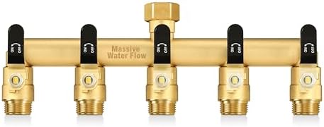 5 Way Hose Splitter, Heavy Duty Full Flow Garden Water Hose Bib Spigot Splitter, Brass Rust and Freeze Resistant Outdoor Faucet Splitter, T Adapter Connector with 3/4 - Inch GHT Thread （Black） by Lnezcdb