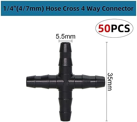 Hose Barb Fittings, Pack of 50 1/4 Inch 4 Way Cross Connector for 4mm 7mm Micro Tubing Drip Irrigation Black(A-50pcs) - Image 2