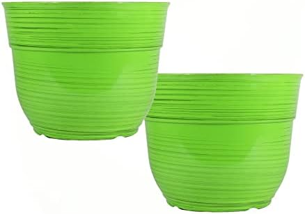 Garden Elements Indoor/Outdoor Glazed Brushed Happy Plastic Planter, Large, Bright Green, 15" (Pack of 2) by GardenElements