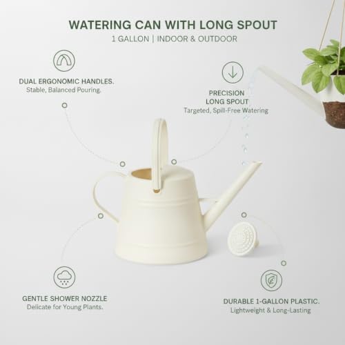 1 Gallon Plastic Watering Can with Long Spout & Dual Handles for Indoor Plants, Hanging Baskets - White, Yellow, Green, Gray - Image 4