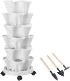 GameXcel Vertical Planter Tower - 6 Tier Stackable Garden Planters with Wheels and Tools Plant Pots for Strawberry Herb Flower and Vegetable Indoor Outdoor Use White by GameXcel