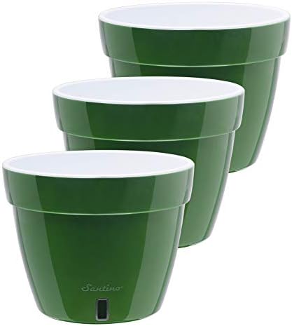 DECOPOTS - 3 Pack - Self Watering Planter - Modern Flower Pot with Water Level Indicator for All House Plants, Flowers, Herbs - Height 9 inches (Diameter 11.8", Green - Gold/White) by DecoPots-SelfWateringPots