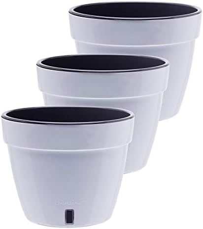 DECOPOTS - 3 Pack - Self Watering Planter - Modern Flower Pot with Water Level Indicator - 6.3" Tall - for All House Plants, Flowers, Herbs (Diameter 7.9", White - Black) by DecoPots-SelfWateringPots