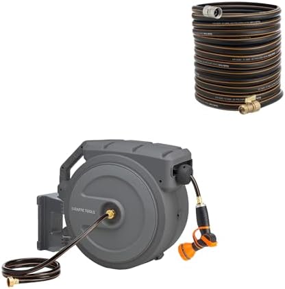 Giraffe Tools Hybrid Garden Hose 75ft x 5/8",Male and Female Fittings,Flexible,Heavy Duty and Metal Retractable Hose Reel 130FT Wall Mounted Heavy Duty Hose Reel with 9 Pattern Nozzle 180 Deg Swivel by GiraffeTools