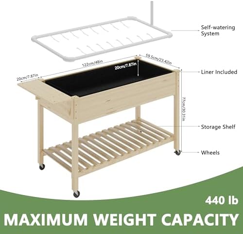 Raised Garden Bed with Legs and Wheels, Self-Watering System, 48x24x30in Elevated Planter Box with Storage Shelf & Liner for Flowers Vegetables Herbs, Raised Bed for Outdoor/Balcony/Patio - Image 3