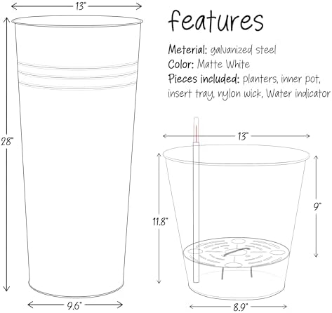 KOL 28'' Tall Galvanized Steel Planter Pot - Flower Pot with Water Level Indicator for Plants - 2-Pack Self Watering Planters - Round White Powder Metal Planter Box - Indoor Outdoor Grande Plant - Image 6