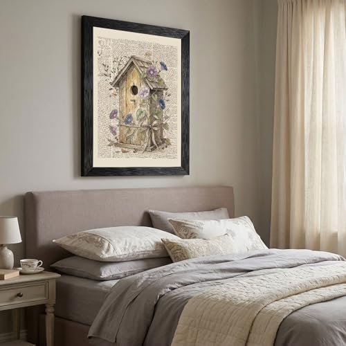 Framed Canvas Wall Art Vintage Mixed Media Birdhouse and Morning Glories Sepia Print Canvas Print Poster Black Frame Wall Decor for Bedroom Study, Cottagecore Art - 16x20 Inch - Image 6