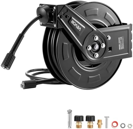 VEVOR Pressure Washer Hose Reel, 60 ft x 1/4 inch Retractable Power Heavy-Duty Steel Washer Hose Reel, 4000PSI Max, Auto-Rewinding, Flexible Wall/Floor Mounted for Car Washing,Garden,Floor Cleaning by VEVOR