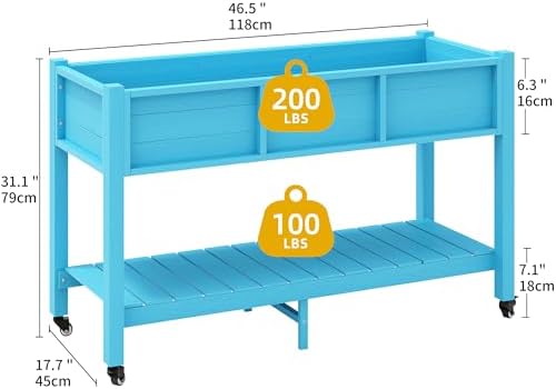 DWVO 47x18x31in Raised Garden Bed HDPE, Weather-Resistant Poly Wood Planter Box Stand, Planter Box with Legs, Storage Shelf & Lockable Wheels, Elevated Garden Bed for Backyard Patio - Aruba Blue - Image 7