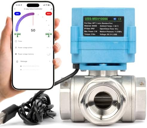 U.S. Solid WiFi Smart Motorized Ball Valve 1 inch NPT for Water Control & Irrigation, 3 Way 304SS Electric Valve, USB Plug, LED Indicator, Flow Direction Window, Remote On/Off Control, NSF Certified by USSolid
