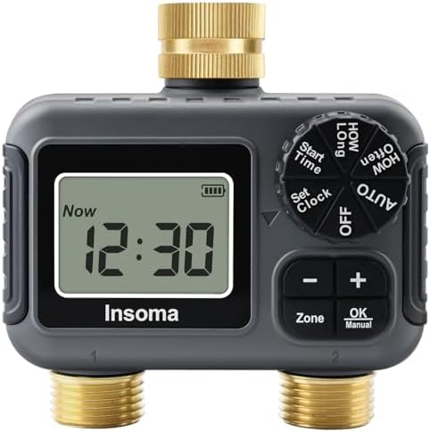 Insoma 2-Zone Water Timer Brass Inlet/Outlet, Programmable Outdoor Hose Faucet Timers with Auto/Manual Modes + Rain Delay, Waterproof Sprinkler Timer for Garden, Lawn, Yard, Pool | Save Water & Money by Insoma