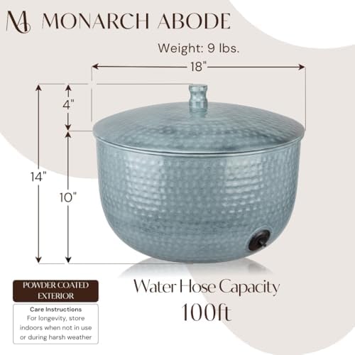 Monarch Abode Garden Hose Holder with Lid – Decorative Water Hose Holders for Outside, Hand Hammered Metal Patina Pot with Drainage, 100ft Waterhose Holder for Outside, Garden Storage Caddy - Image 3