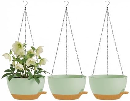 Hanging Planters, 3-Pack 10 Inch Self-Watering Pots with Drainage Holes and Chains, Matte Plastic Planters for Indoor/Outdoor Plant（Green Brown） by Unknown